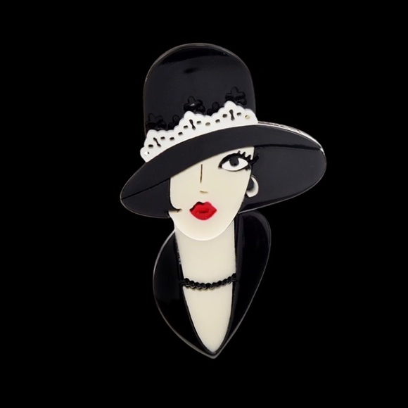 Eleanor ShuMark Jewelry - Vintage era lady with hat acrylic brooch.NWT